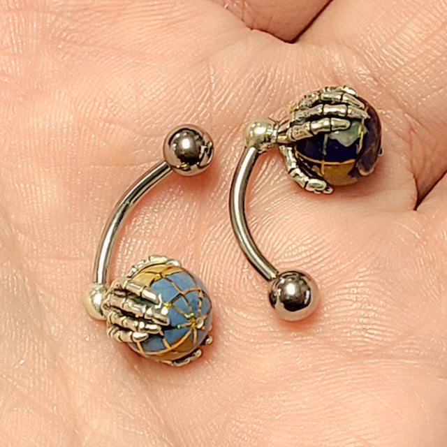 Surgical Steel Belly Button Ring 14 Gauge 7/16" & Skeleton Hand Globe