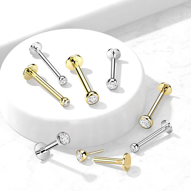 14 Karat Solid Gold Labret / Monroe Stud 18 & 16 Gauge With CZ Gem
