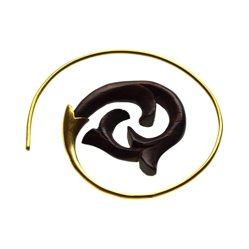 Brass Spiral Hoop Earrings 18 Gauge Carved Wood Tribal Dolphin - Pair