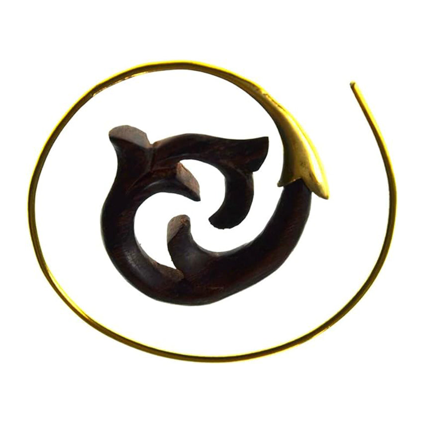 Brass Spiral Hoop Earrings 18 Gauge Carved Wood Tribal Dolphin - Pair