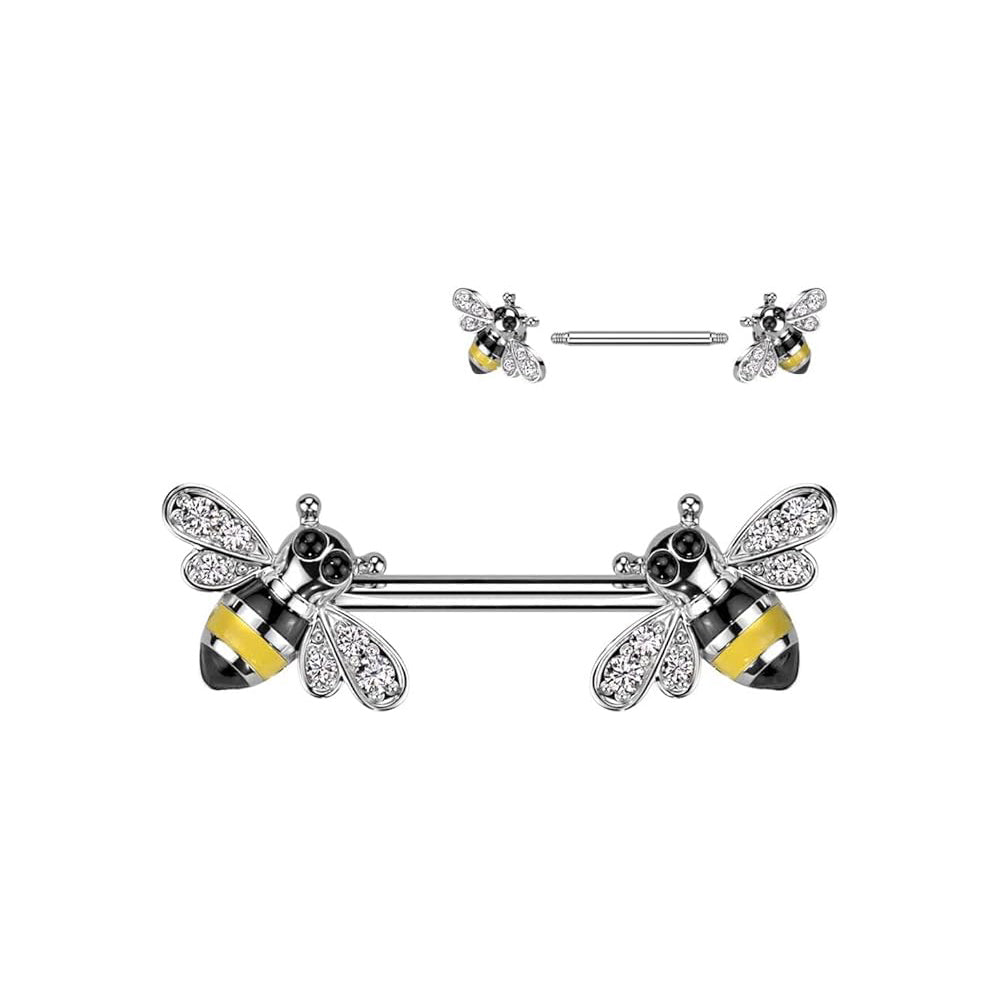 Surgical Steel Nipple Ring Straight Barbell 14 Gauge with Gem Bee Ends