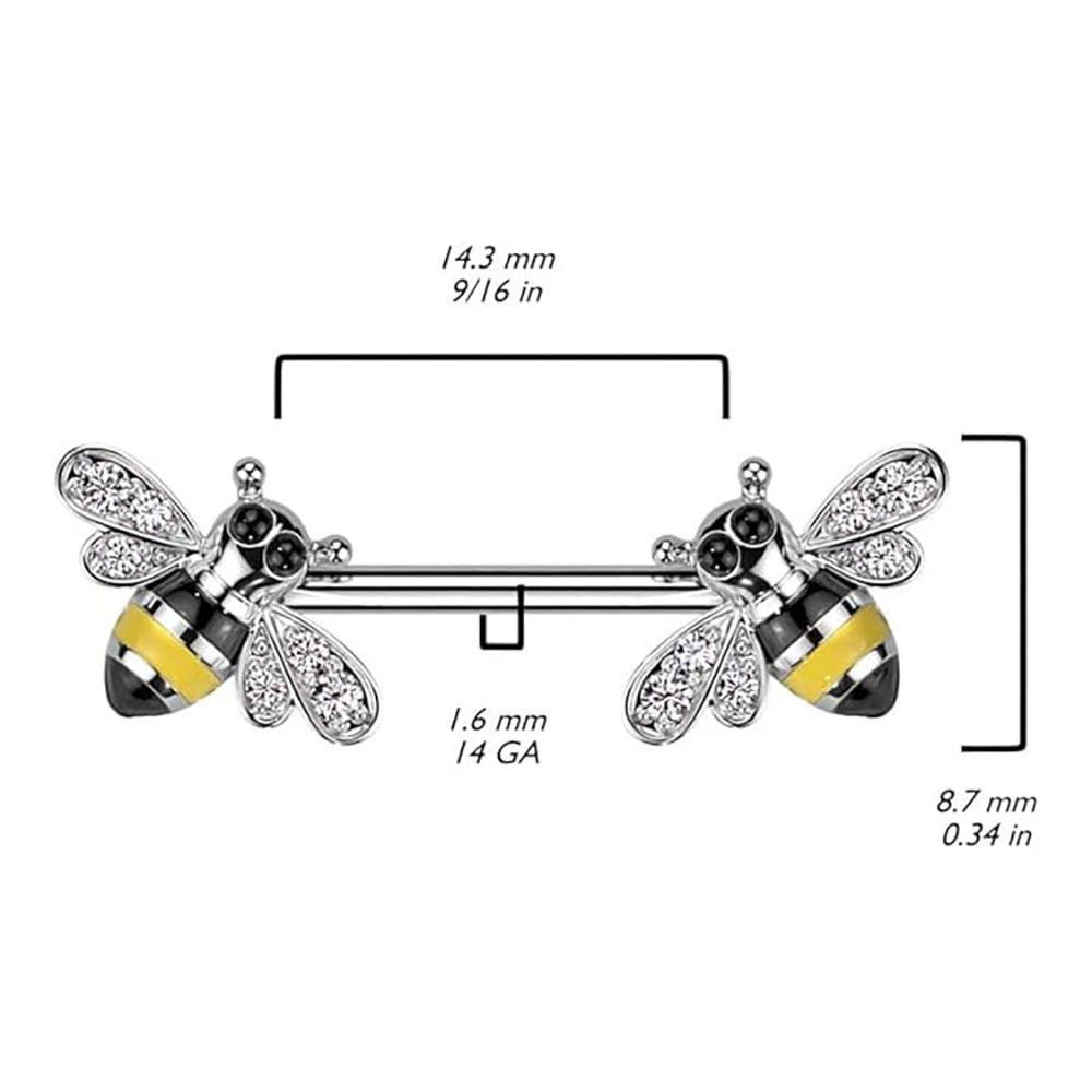 Surgical Steel Nipple Ring Straight Barbell 14 Gauge with Gem Bee Ends