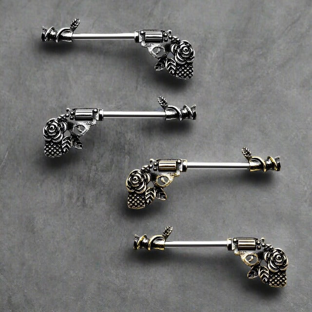 Surgical Steel Barbell Nipple Ring 14 Gauge with Rose Revolver - Pair