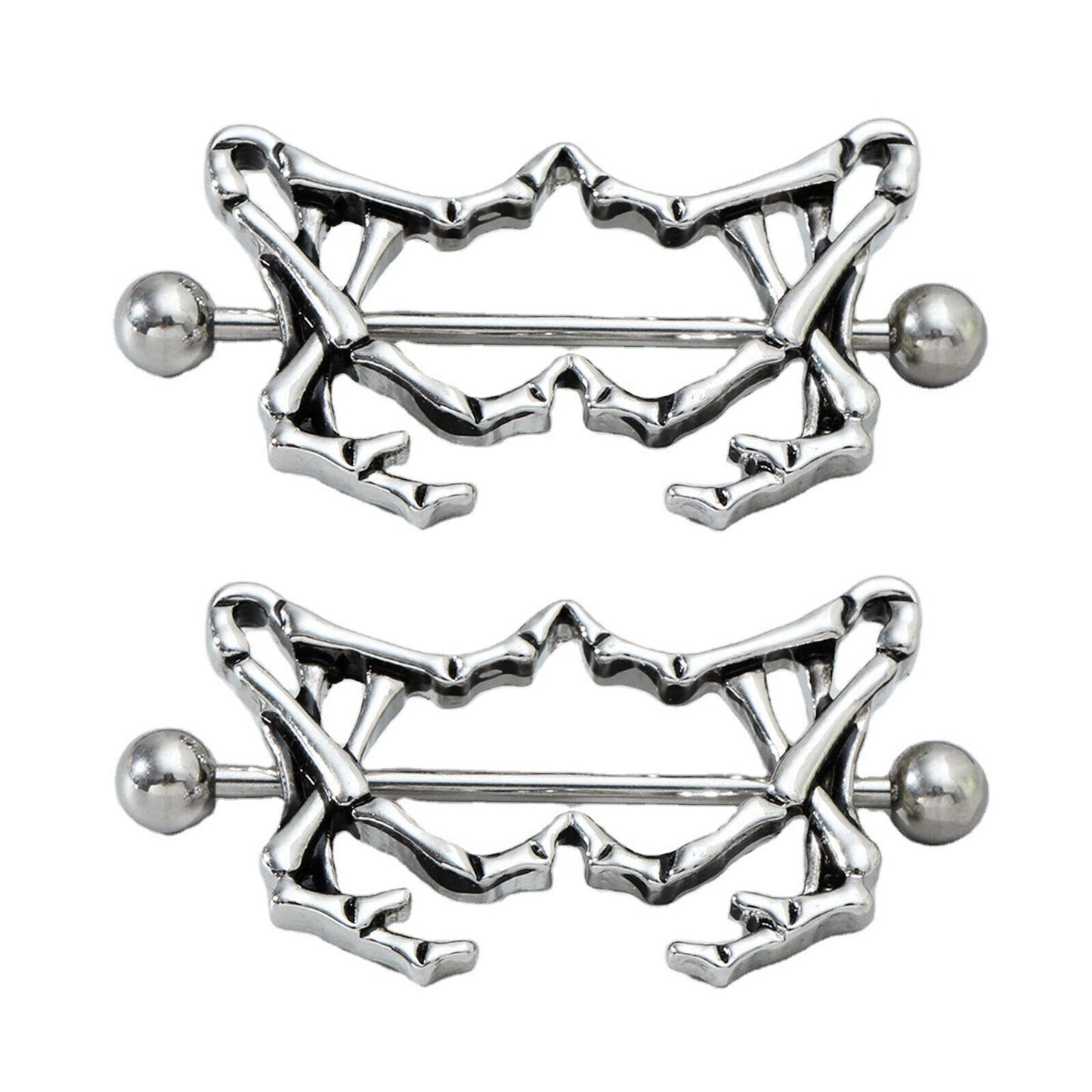 Surgical Steel Nipple Ring Barbell Shield 14 Gauge Skeleton Heart Pair