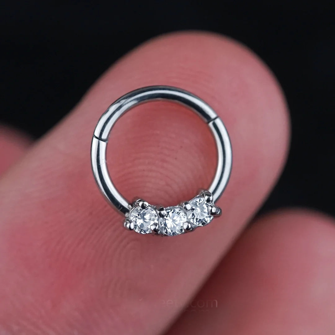 Surgical Steel Hinged Segment Hoop Septum Ring 16 Gauge & 3 CZ Gems
