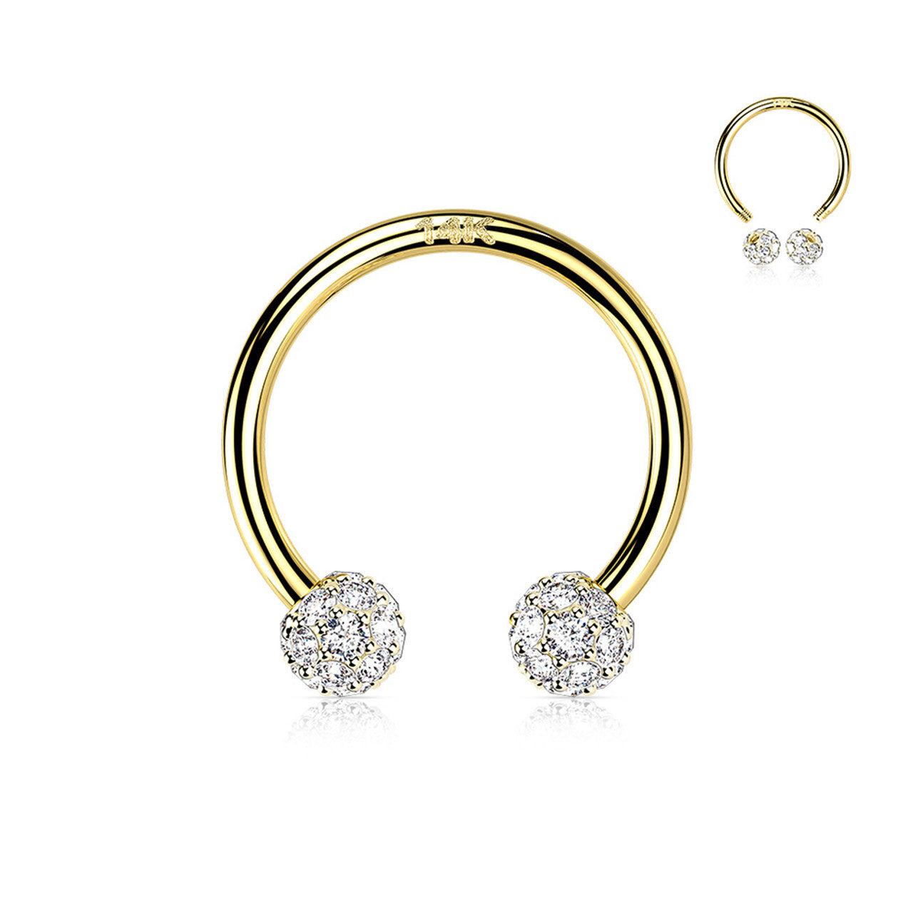 14 Karat Gold Horseshoe Circular Barbell Ring 16 Gauge & CZ Paved Ball