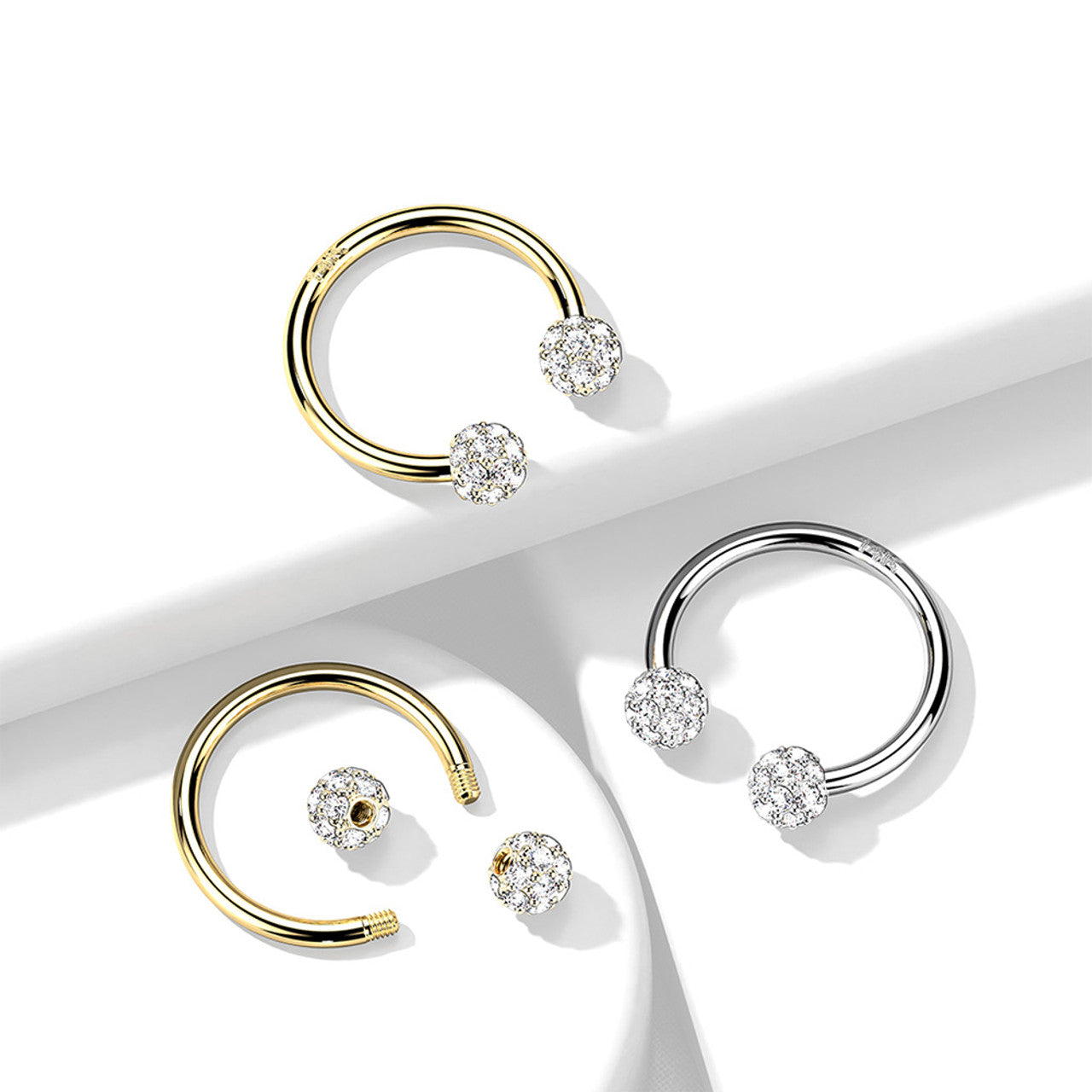 14 Karat Gold Horseshoe Circular Barbell Ring 16 Gauge & CZ Paved Ball