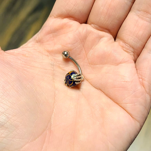 Surgical Steel Belly Button Ring 14 Gauge 7/16" & Skeleton Hand Globe
