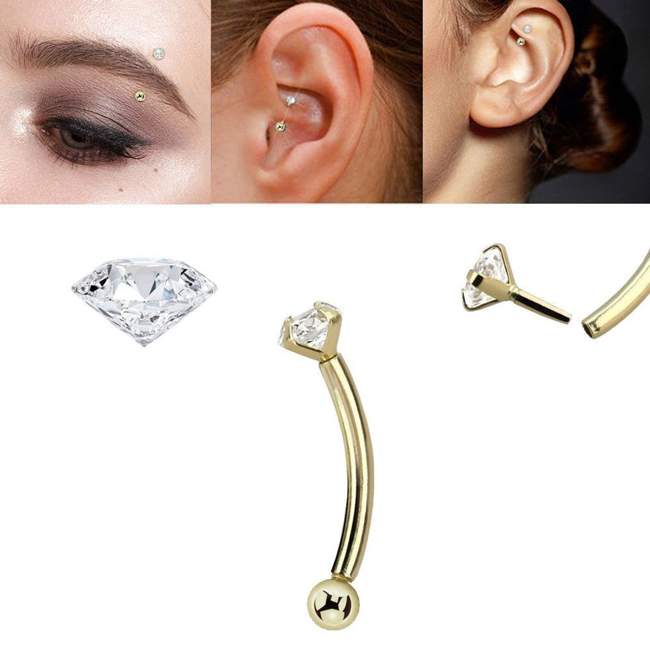 14 Karat Gold Curved Barbell 16 Gauge Eyebrow Ring & Real Diamond