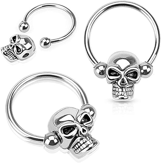 Surgical Steel Captive Bead Ring 16 or 14 Gauge Horseshoe With Skull