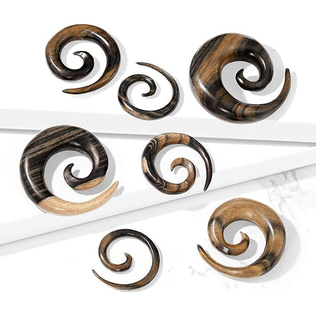Striped Natural Ebony Wood Spiral Tapers Plug Ear 8 to 1/2 Gauge - Set