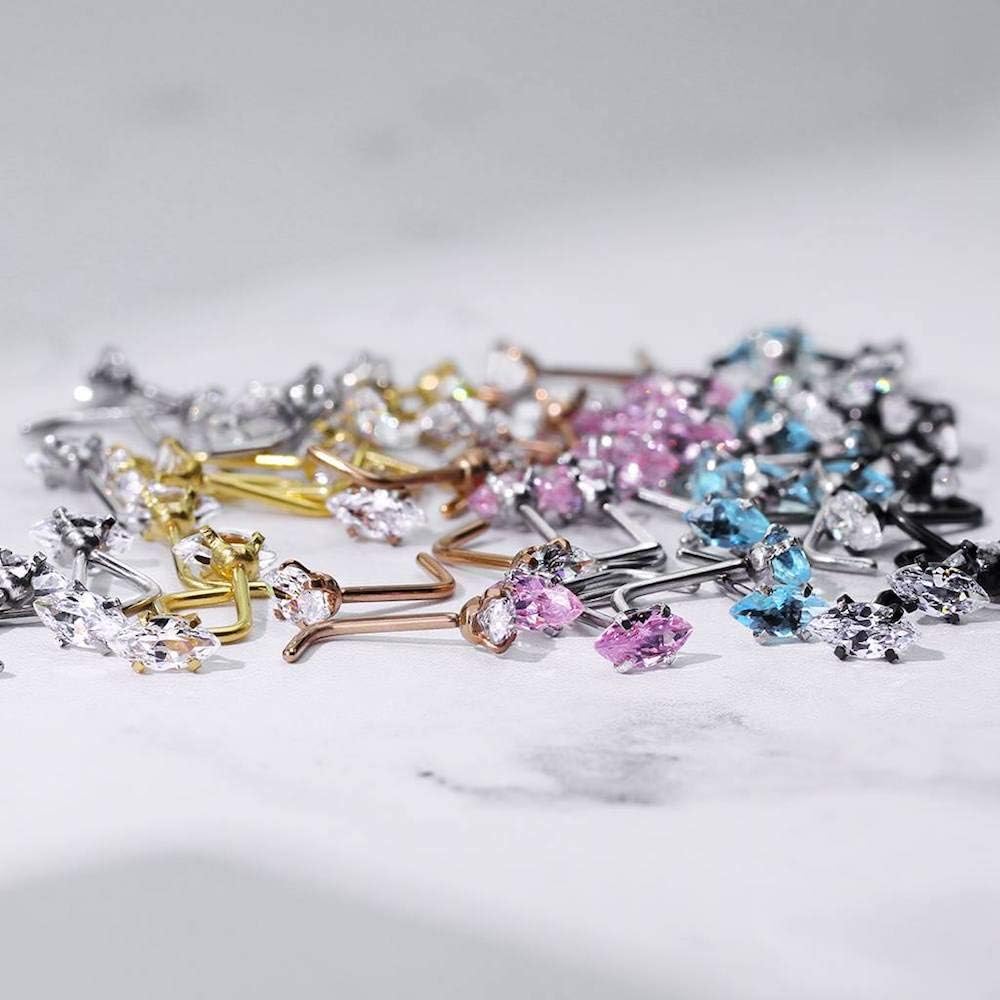 Surgical Steel Nose Ring Stud 20 & 18 Gauge 1/4" L Bend - Marquise Gem