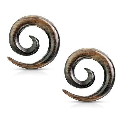 Striped Natural Ebony Wood Spiral Tapers Plug Ear 8 to 1/2 Gauge - Set