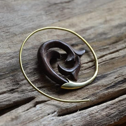 Brass Spiral Hoop Earrings 18 Gauge Carved Wood Tribal Dolphin - Pair