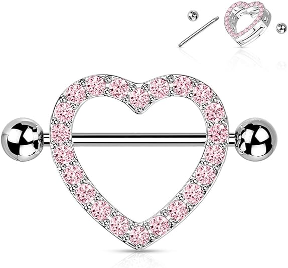 Surgical Steel Nipple Ring Barbell Shield 14 Gauge & Gem Paved Heart