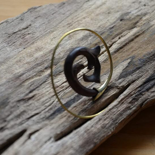 Brass Spiral Hoop Earrings 18 Gauge Carved Wood Tribal Dolphin - Pair
