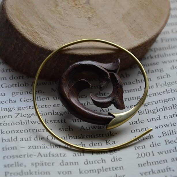 Brass Spiral Hoop Earrings 18 Gauge Carved Wood Tribal Dolphin - Pair