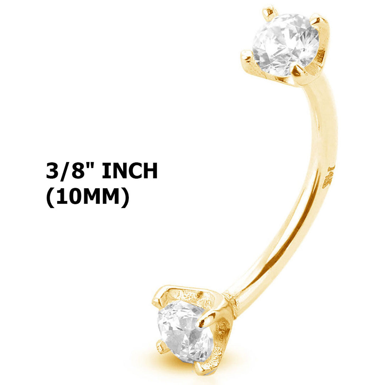 14 Karat Gold Curved Barbell 16 Gauge Eyebrow Ring with CZ Gems