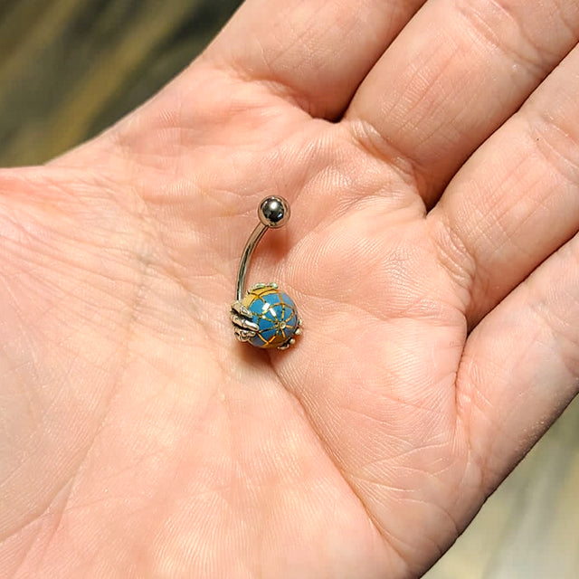 Surgical Steel Belly Button Ring 14 Gauge 7/16" & Skeleton Hand Globe