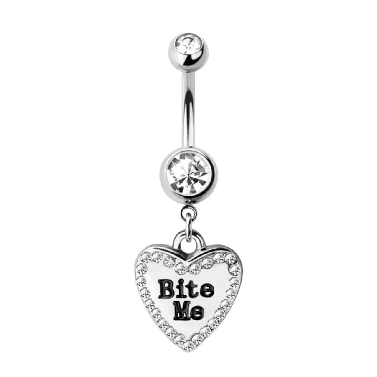 Surgical Steel Dangle Belly Button Ring 14 Gauge CZ Gem & Naughty Text