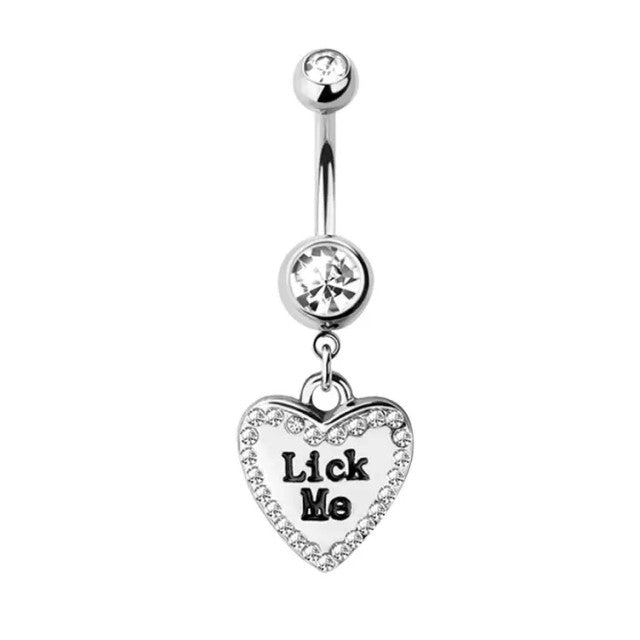 Surgical Steel Dangle Belly Button Ring 14 Gauge CZ Gem & Naughty Text