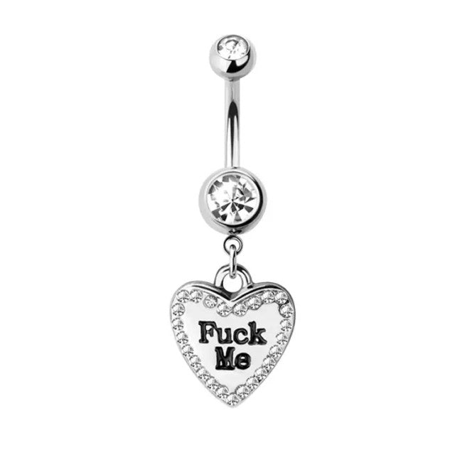 Surgical Steel Dangle Belly Button Ring 14 Gauge CZ Gem & Naughty Text