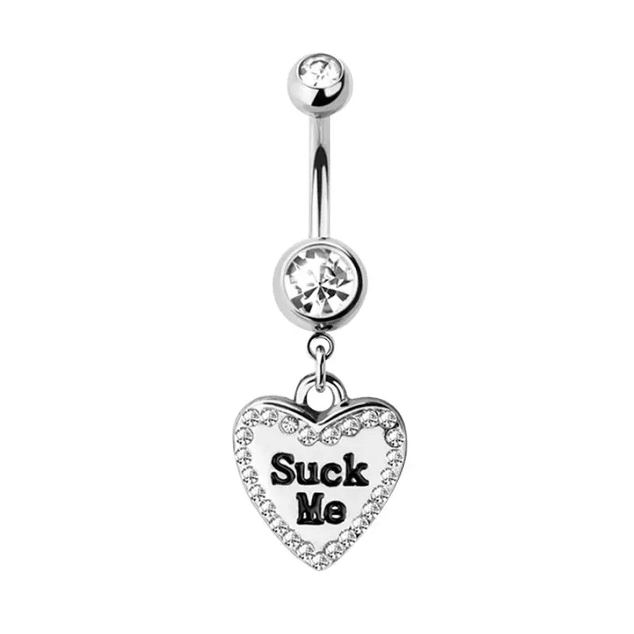 Surgical Steel Dangle Belly Button Ring 14 Gauge CZ Gem & Naughty Text