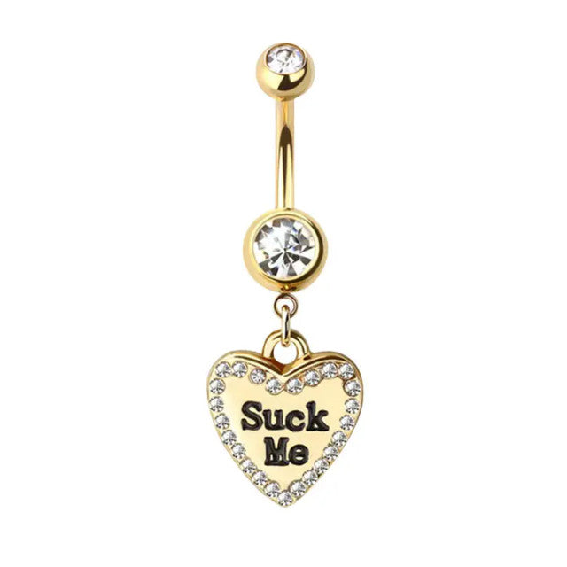 Surgical Steel Dangle Belly Button Ring 14 Gauge CZ Gem & Naughty Text