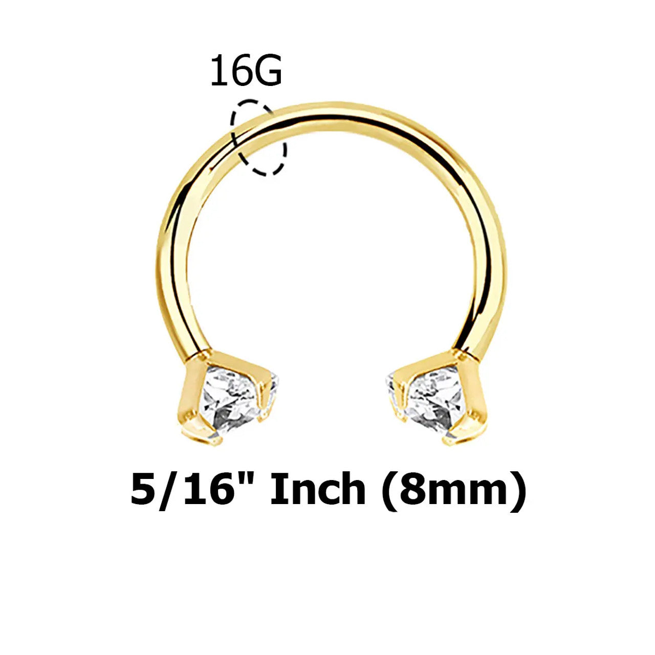 14 Karat Gold Horseshoe Circular Barbell Ring 16 Gauge & Prong Set Gem