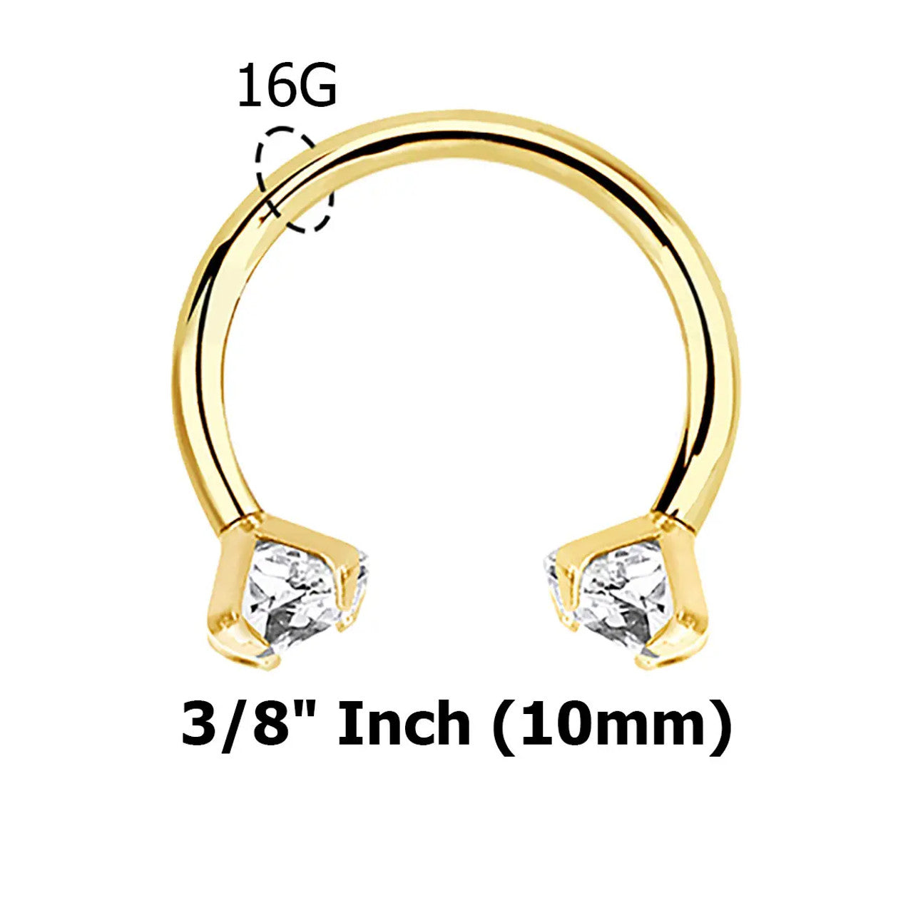 14 Karat Gold Horseshoe Circular Barbell Ring 16 Gauge & Prong Set Gem