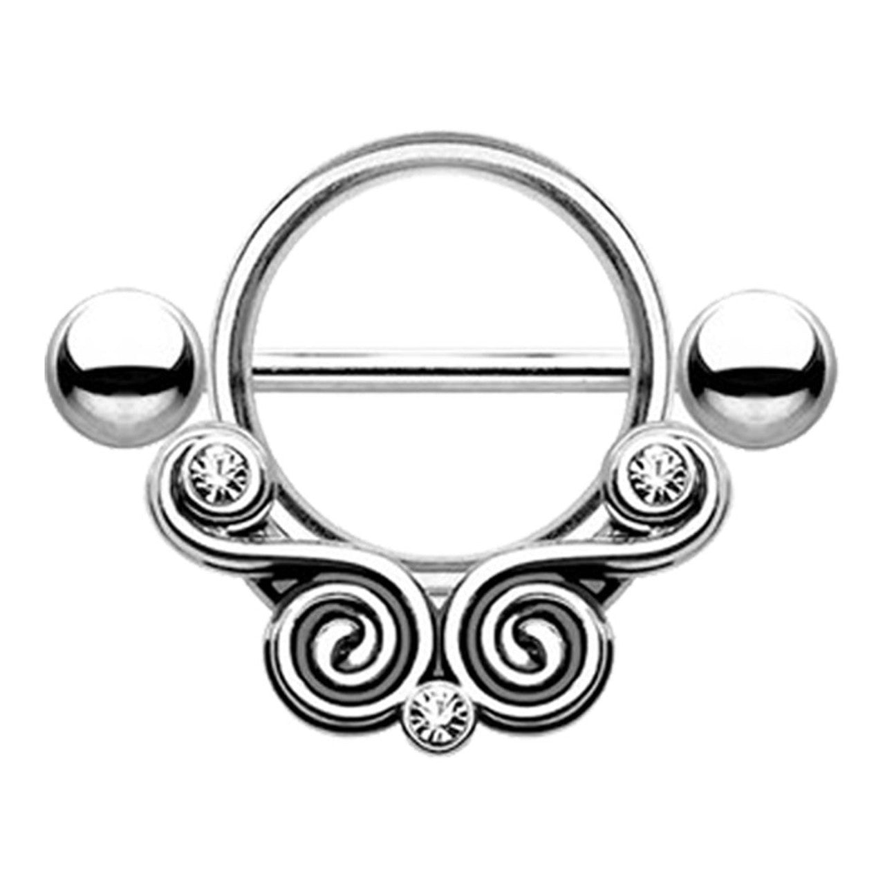 Surgical Steel Nipple Ring Barbell Shield 14 Gauge & Gem Lace Swirls