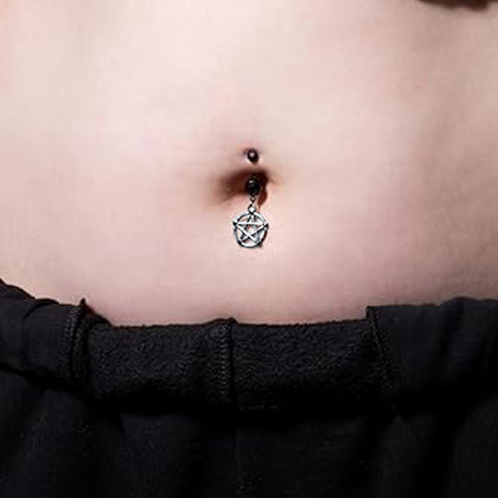 Surgical Steel Belly Button Ring 14 Gauge With Black Gem & Pentacle