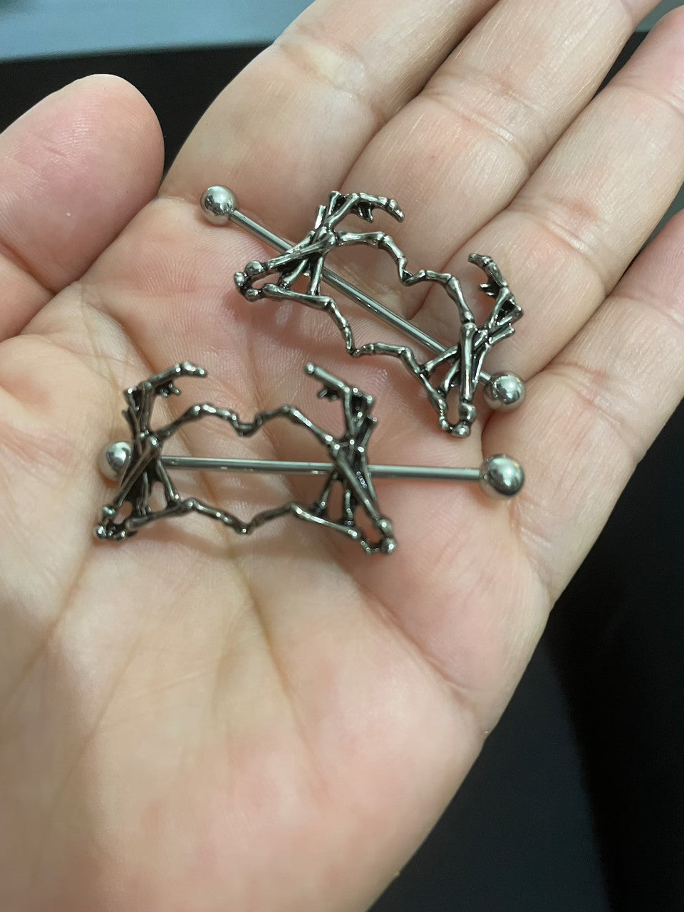 Surgical Steel Nipple Ring Barbell Shield 14 Gauge Skeleton Heart Pair