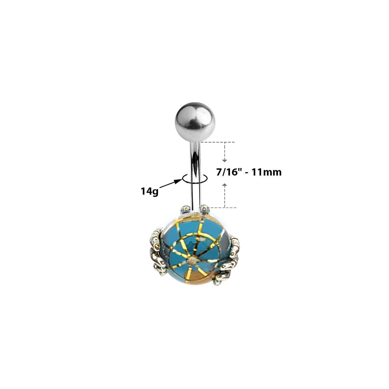 Surgical Steel Belly Button Ring 14 Gauge 7/16" & Skeleton Hand Globe