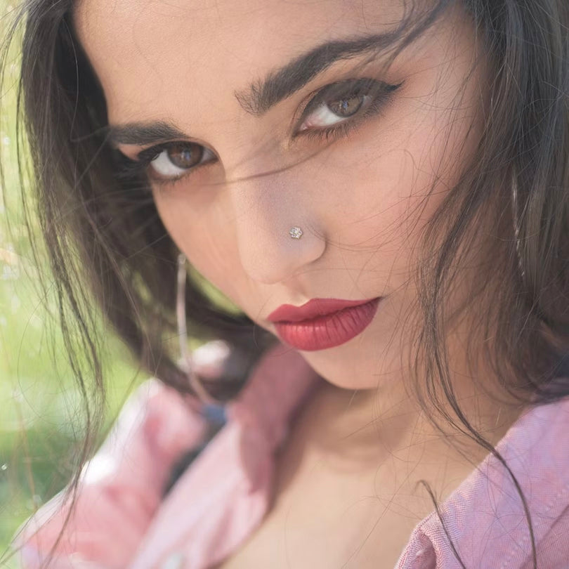 14 Karat Solid Gold Nose Ring Stud 20 18 Gauge 1/4" L Bend & CZ Flower