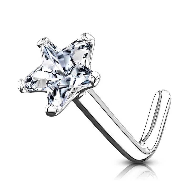 14 Karat Solid Gold Nose Ring Stud 20 Gauge 1/4" L Bend with Star CZ