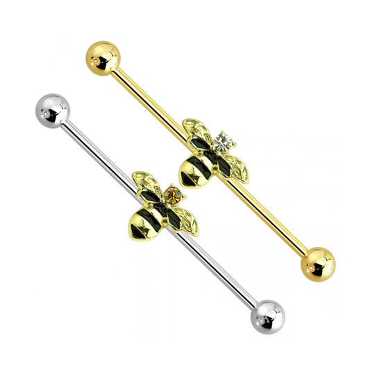 Surgical Steel Industrial Barbell 14 Gauge 1-1/2" 38 MM & Bee CZ Gem
