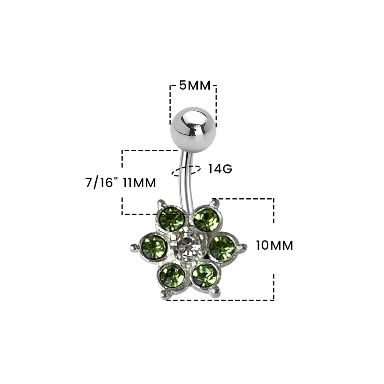 Surgical Steel Belly Ring 14 Gauge 7/16" (11MM) With CZ Gems