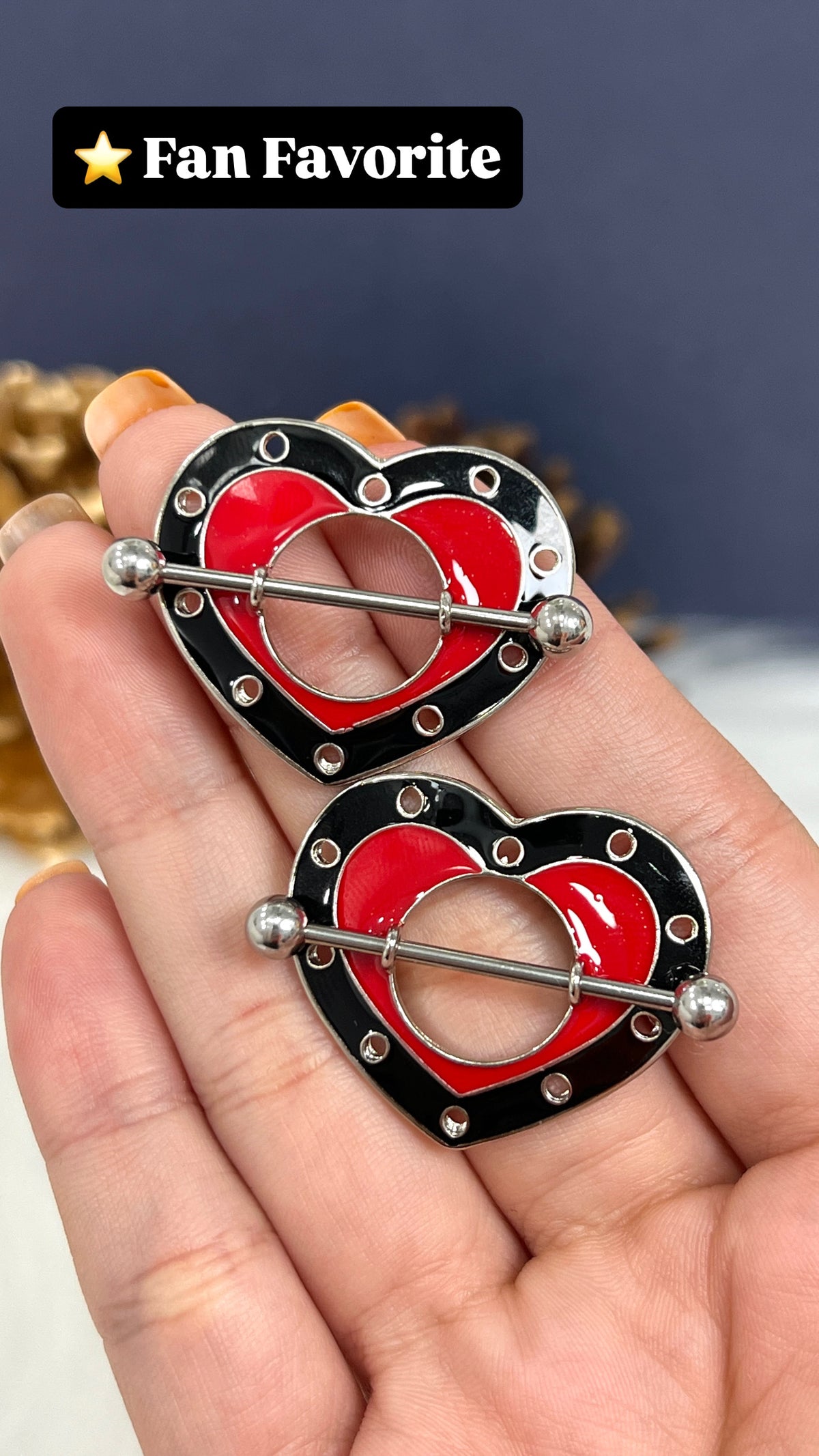 Surgical Steel 14 Gauge Nipple Shield Ring Black Red Heart - Pair - photo 2