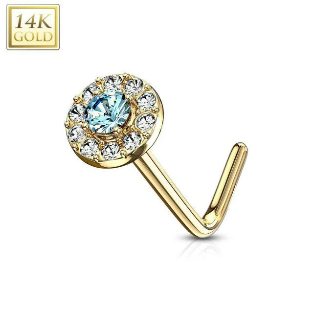 14 Karat Gold Nose Ring Stud 20 Gauge 1/4" L Bend with CZ Round Top