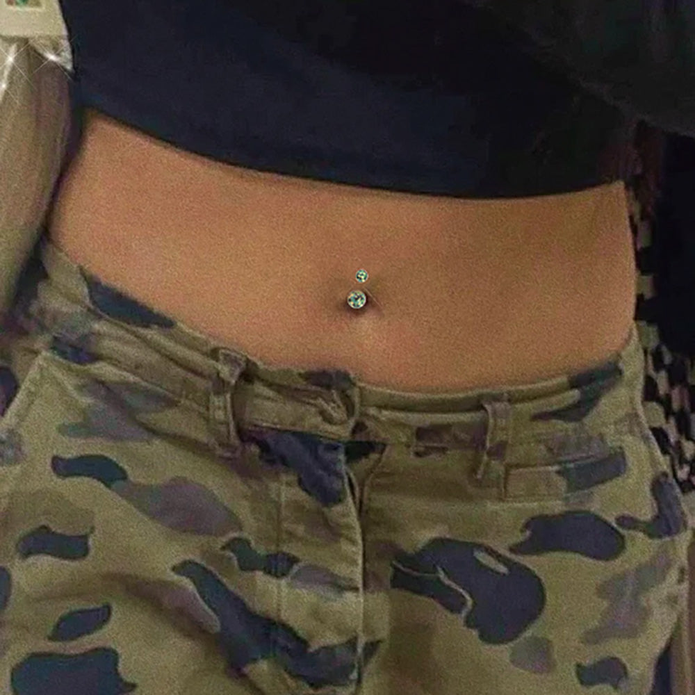 Surgical Steel Belly Button Ring 14 Gauge & Acrylic Green Camouflage