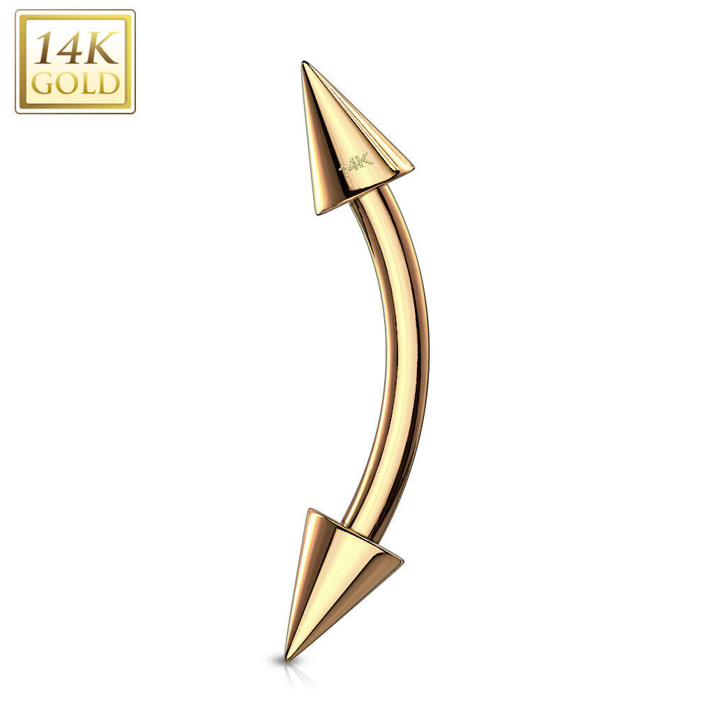 14 Karat Gold Curved Barbell 16 Gauge Eyebrow Ring With Spike Ends