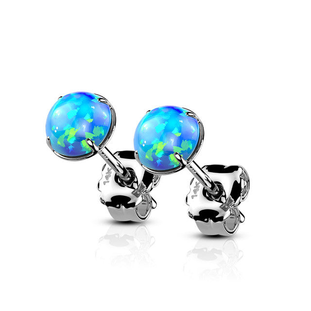 14 Karat Solid Gold Earring Stud 20 Gauge with Prong Set Opal - Pair