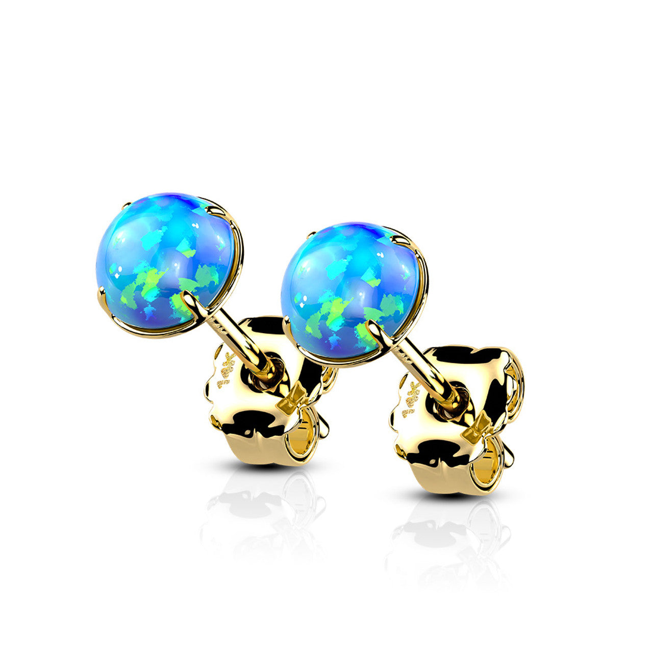 14 Karat Solid Gold Earring Stud 20 Gauge with Prong Set Opal - Pair