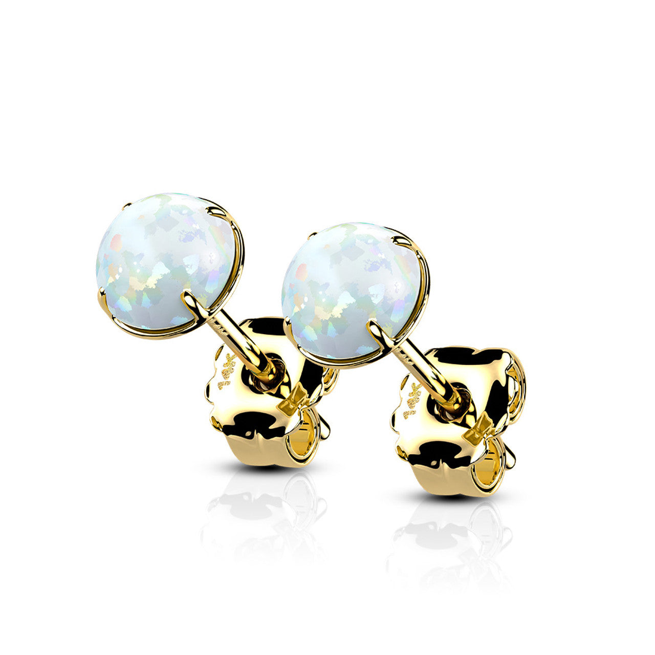 14 Karat Solid Gold Earring Stud 20 Gauge with Prong Set Opal - Pair