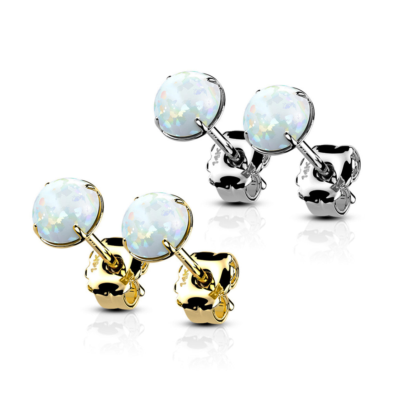 14 Karat Solid Gold Earring Stud 20 Gauge with Prong Set Opal - Pair