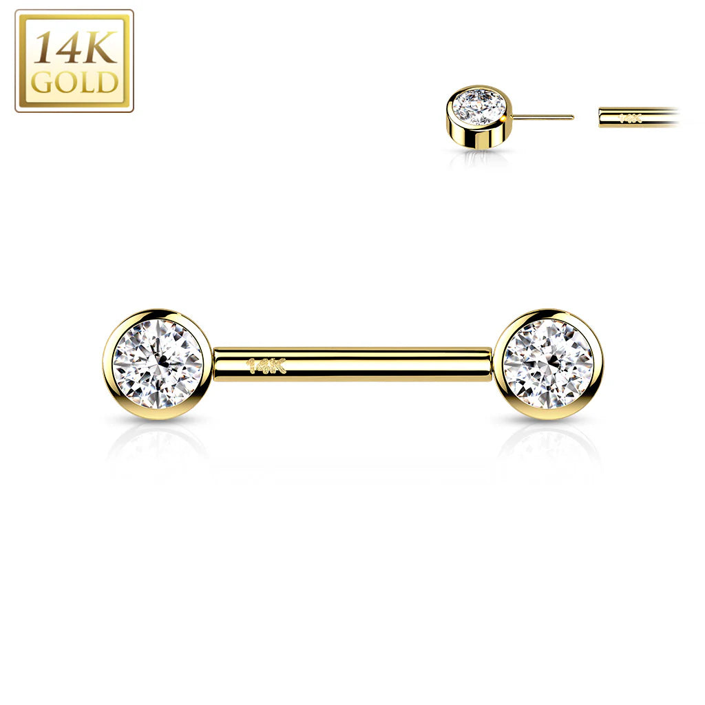 14 Karat Solid Gold Nipple Ring Barbell 14 Gauge & Threadless Round CZ