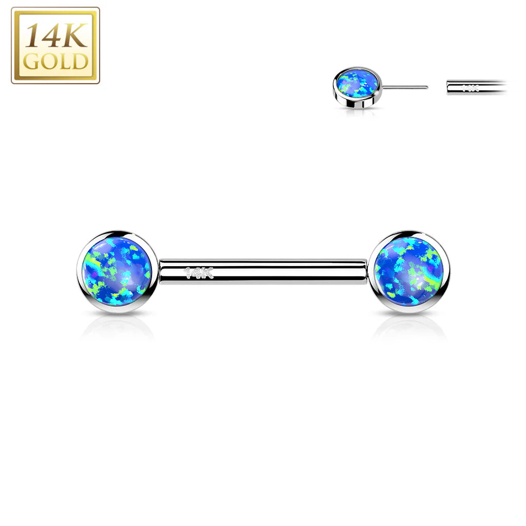 14 Karat Solid Gold Nipple Ring Barbell 14 Gauge 14 MM With Round Opal