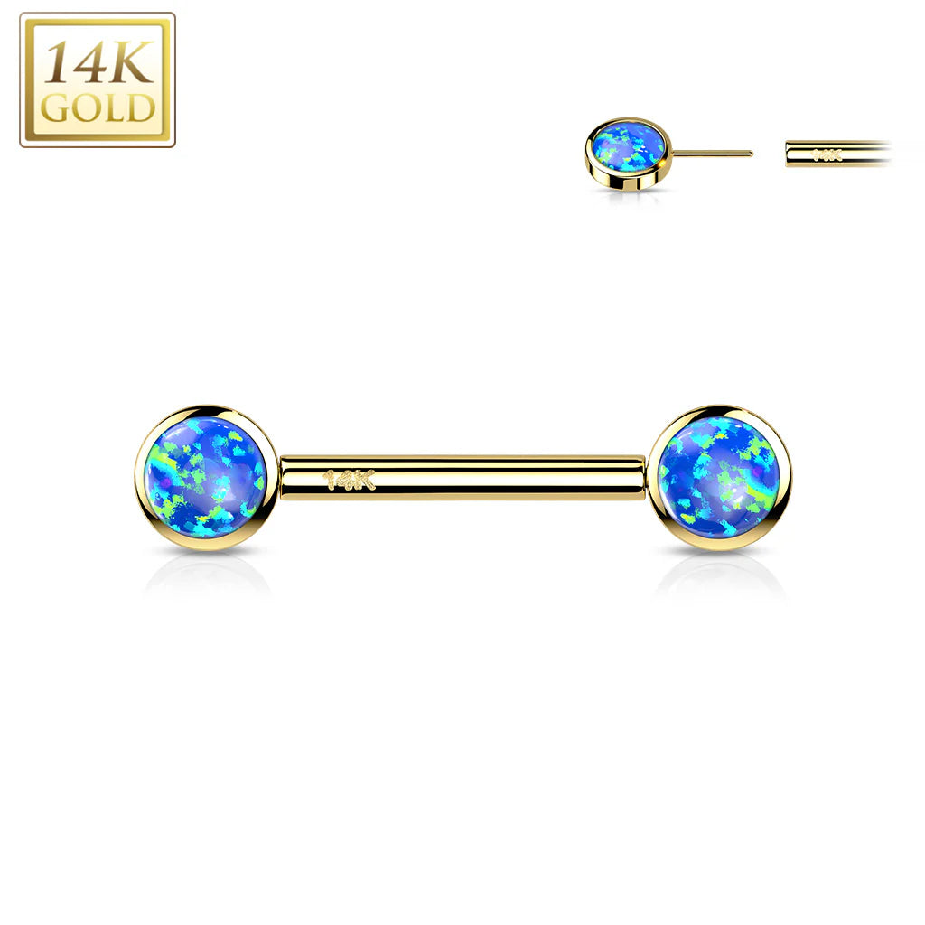 14 Karat Solid Gold Nipple Ring Barbell 14 Gauge 14 MM With Round Opal