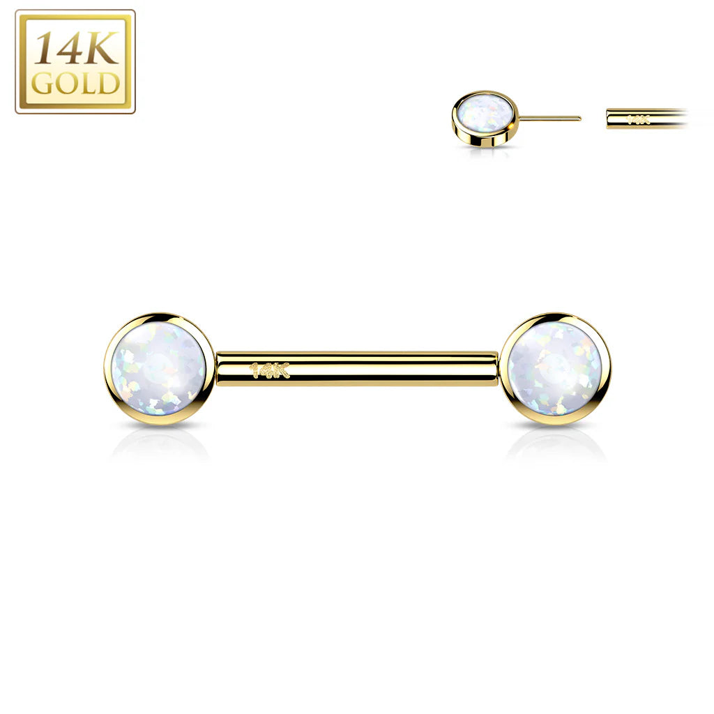 14 Karat Solid Gold Nipple Ring Barbell 14 Gauge 14 MM With Round Opal